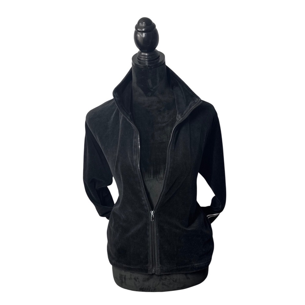 Y2K Black Velour Track Jacket Women Petite L Double Stripe Full Zip Soft Grunge